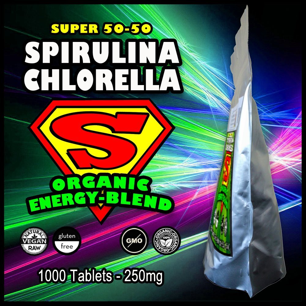 Spirulina Chlorella Cracked Cell Wall Super 5050 SuperPack 1,000 Tablets). Raw Organic Gluten