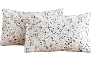 ECOCOTT Pillowcase Queen Size Set of 2 Pack, Mini Green Leaves Pattern Printed Floral Pillow Cases - Soft and Breathable 100%
