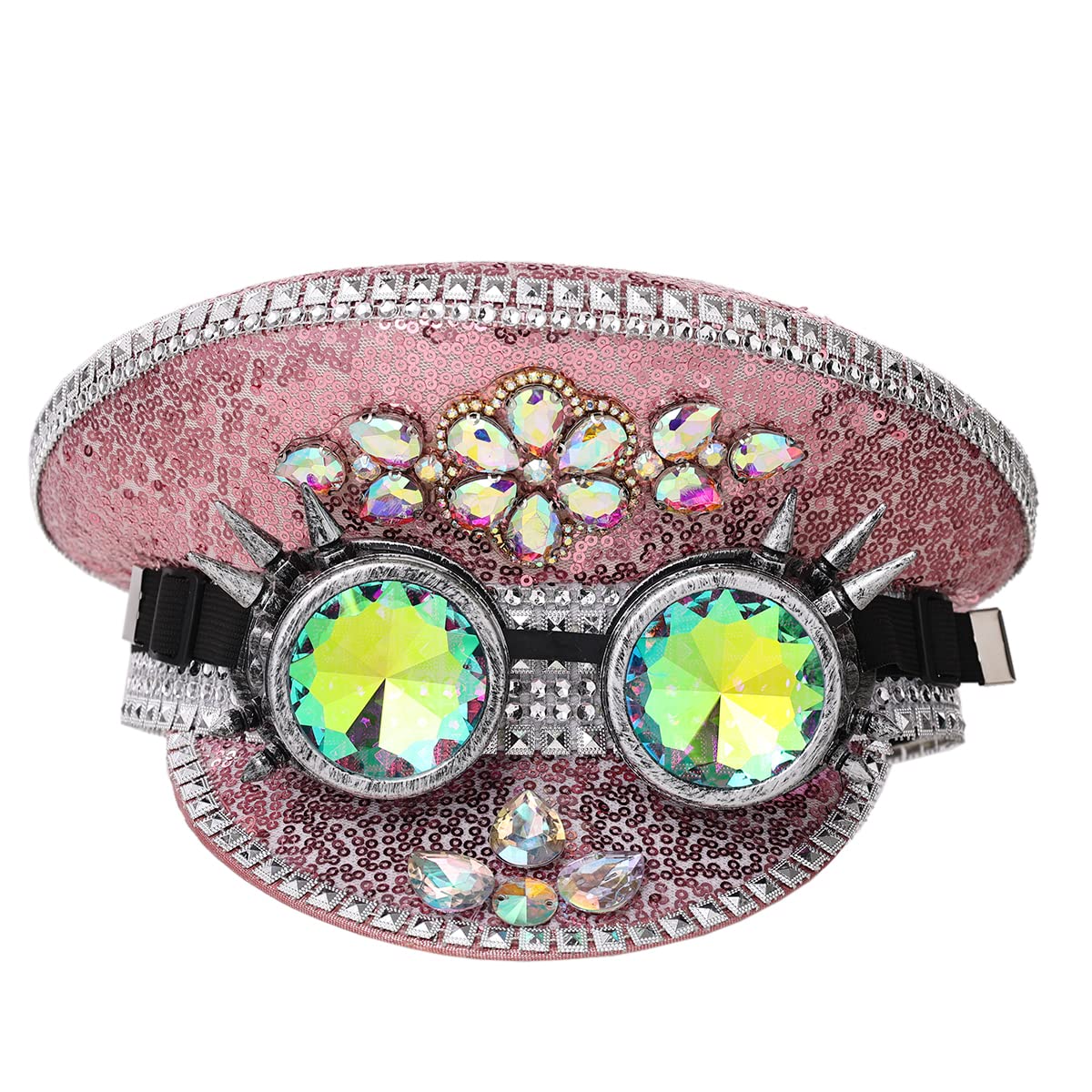 COSDREAMER Men's Steampunk Top Hats Sequin Goggles Military Cap Punk Halloween Classic Army Military Cap pink