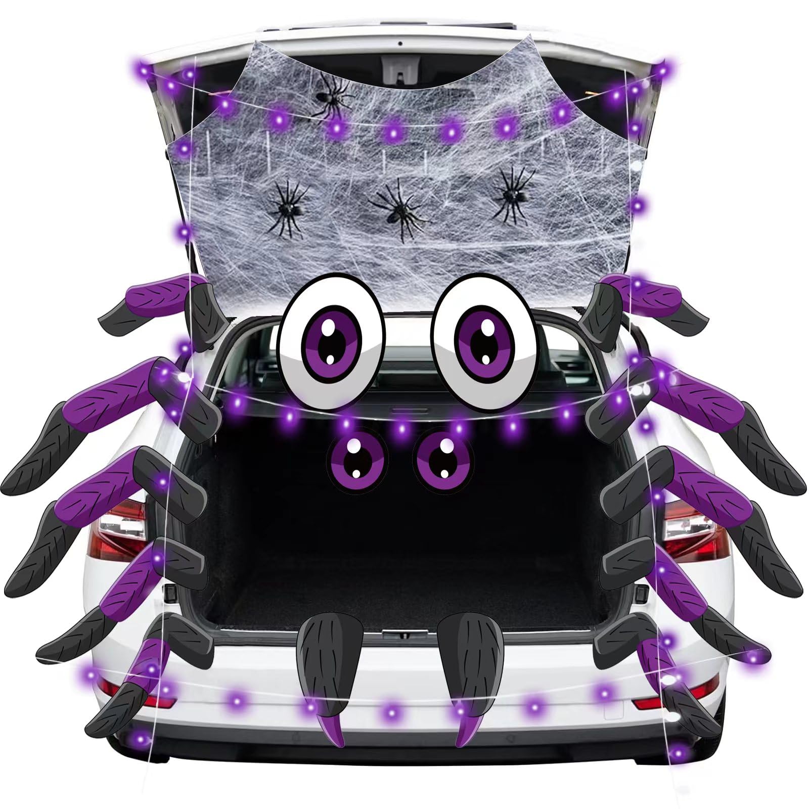Photo 1 of HEORIM Halloween Trunk Or Treat Car Decorations Kit, 19Pcs Spider Design Stickers with Spider Web and LED Lights, Trunk or Treat Decorations for SUV Garage Door Entryway Archway Party Supplies