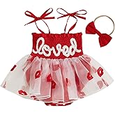 Madjtlqy Baby Girl Valentines Day Outfits Toddler Letter Embroidery Smocked Sleeveless Romper Dress with Headband
