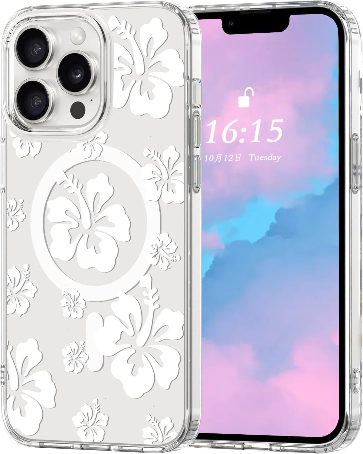 Houdqklee Magnetic Hibiscus Floral Case Cover for iPhone 17 Pro, Cute Girly White Hibiscus Flower Phone Case Compatible with MagSafe, Clear Soft Slim Shockproof Protective Case for iPhone 17 Pro