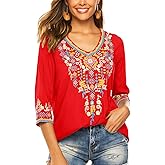 LauraKlein Women's Boho Embroidered Peasant Tops 3/4 Sleeve V Neck Mexican Bohemian Shirts Tunics Blouses