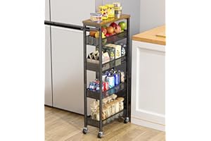 Giwil Slim Storage Cart 5 Tier Narrow Kitchen Rolling Cart on Wheels for Small Space, Metal Utility Cart Narrow Bathroom Storage Cabinet Mobile Shelf Unit Organizer with Wood Top and Handle, Black