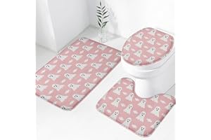 Easternproject 3-Piece Halloween Bath Rug and Mat Sets, Cute Spooky Trick or Treat Kids Plush Non-Slip Bathroom Doormat Runner Rugs, Toilet Seat Cover, U-Shaped Toilet Floor Mat, Pink White