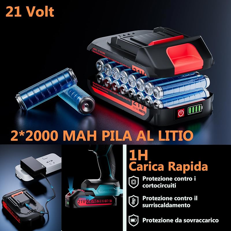 Trapano Avvitatore Batteria 21V, con 2×2000mAh Batterie (Blu)
