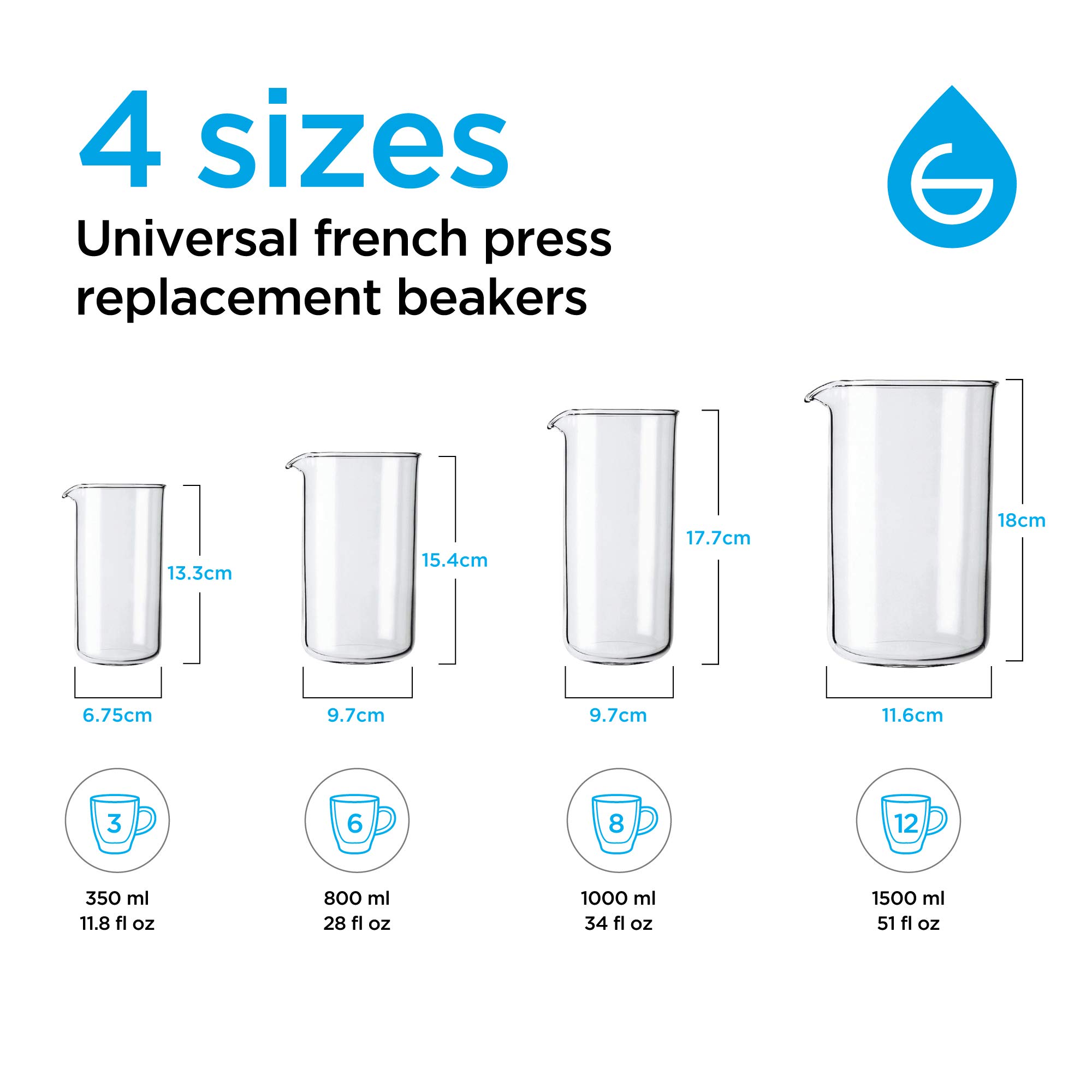 GROSCHE UNIVERSAL French Press Replacement Glass Beaker for ALL BRANDS
