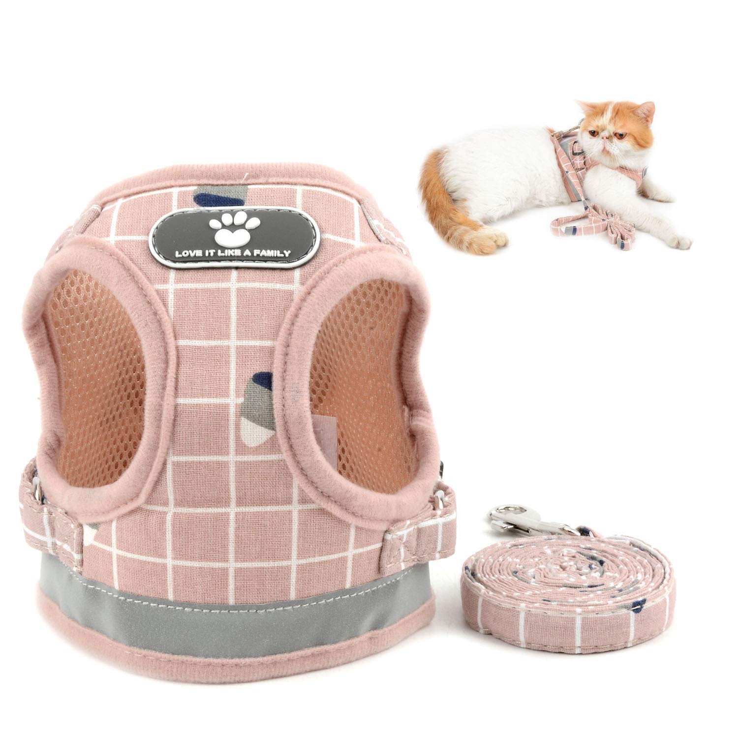 SELMAI Plaid Cat Harness and Lead set Escape Proof Reflective Soft Mesh Chest Harness for Kitten Small Dogs Puppy No Pull Easy on Step in Vest Harness for Chihuahua Walking Training Outdoor Pink M