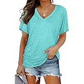 WIHOLL Womens Summer T-Shirts Short Sleeve V Neck Dolman Tops with Side Shirring Loose Fit Shirts Spring Fashion