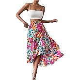 Verdusa Women's Boho Floral Bow Tie Wrap Skirt Asymmetrical Flowy Vacation Long Skirts