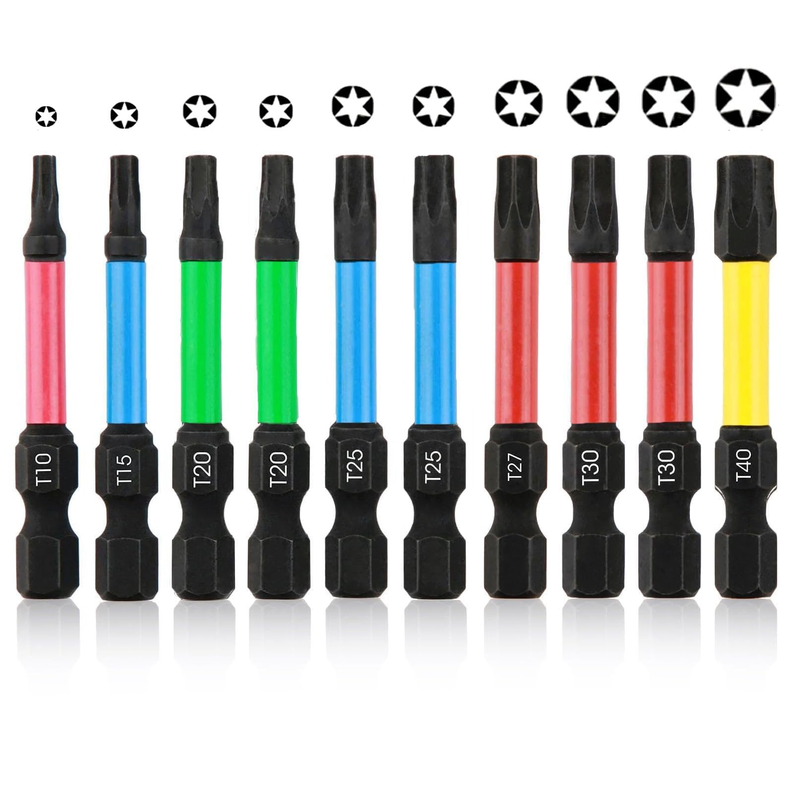 10 PCS 50mm Torx Screwdriver Bit Sets Star Magnetic Screwdriver Drill Bits S2 Steel Impact Drill Security Driver Bits T10 T15 T20*2 T25*2 T27 T30*2 T40-1/4 Hex Shank Professional for Torx Pozidrive