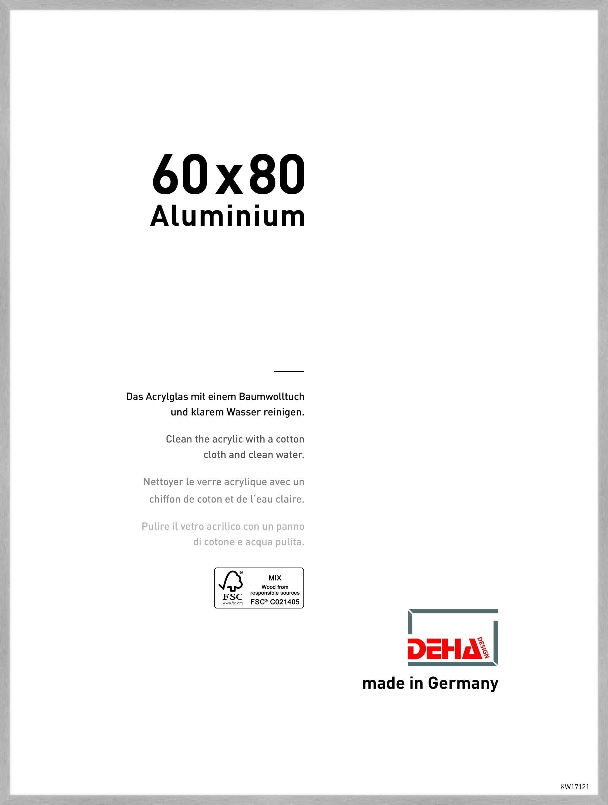 DEHA DesignTribeca Photo Frame 60x80cm, Aluminium Picture Frame, Silver Photo Frame with Protective Acrylic Glazing and Push and Turn Clips - Brushed Frosted Silver