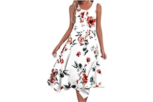 HUNENY Midi Dresses for Women Summer Casual Sleeveless Scoop Neck Sundress Swing Smocked Tank Dress with Pockets