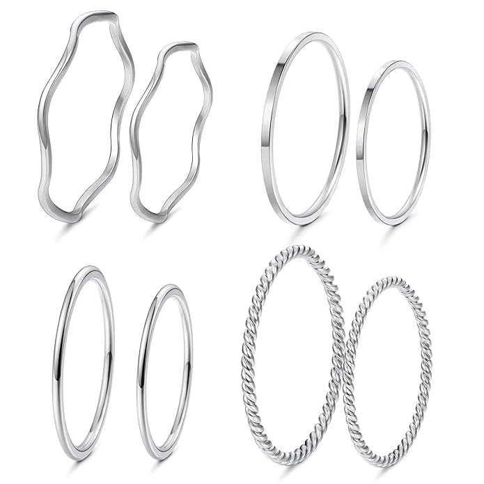 LOYALLOOK 8-14Pcs 1mm Stainless Steel Women's Plain Band Knuckle Stacking Midi Rings Comfort Fit Silver/Gold/Rose Tone