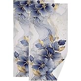 SCQTLND Abstract Blue Golden Floral Leaves Hand Towels for Bathroom Set of 2,Navy White Marble Floral Decorative Bathroom Towels for Bath,Face,Hair,Soft Absorbent Dish Towels for Kitchen Decor 28"x14"