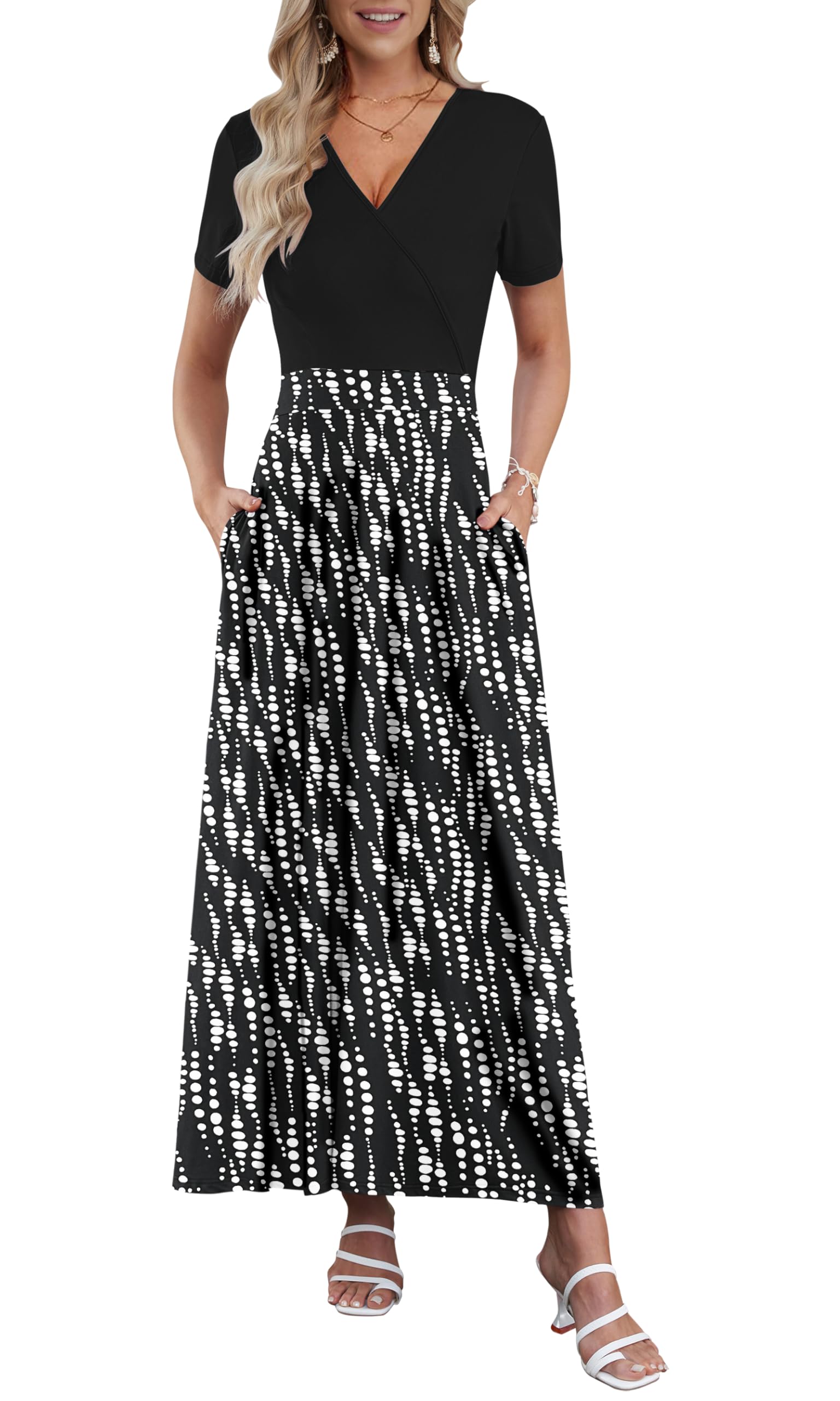 AUSELILY Maxi Dresses for Women Ankle Length Floral Print Beach Long Flowy Dress with Pockets WT Music Bubble/BK S Image