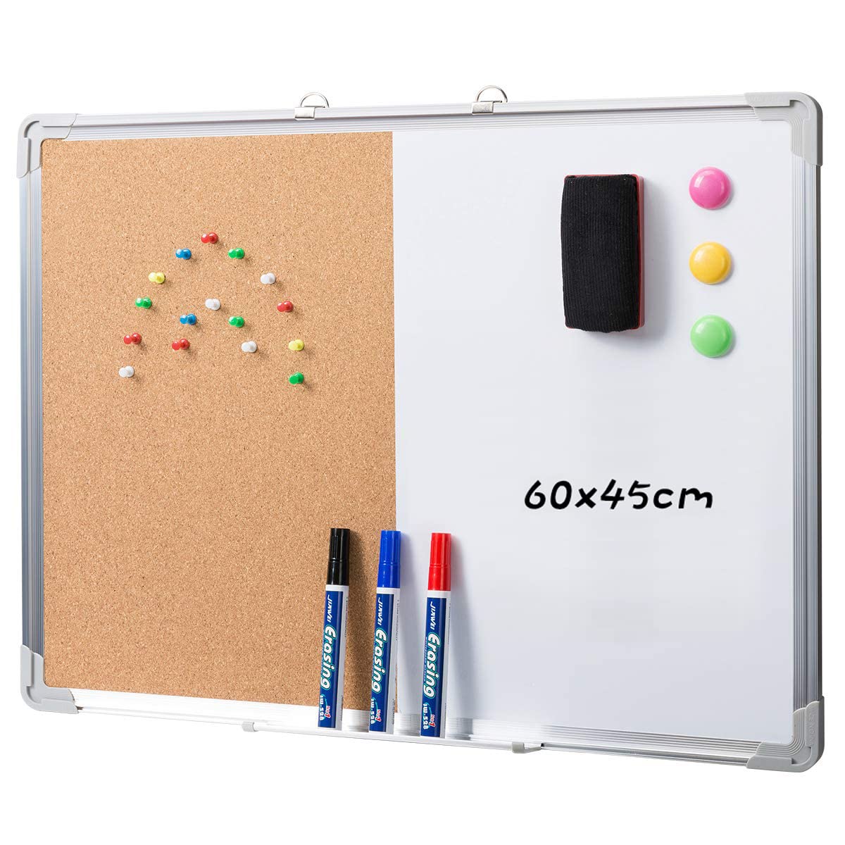 DOEWORKS Magnetic Whiteboard & Bulletin Board Set 60 x 45cm Combination Board, Wall Mounted Hanging Noticeboard, Dry Erase & Cork Board for Home Office School