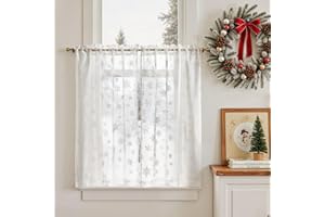 jinchan White Sheer Snowflake Curtains 36 inch Holiday Christmas Decorations Cafe Curtain Cottagecore Tier Kitchen Curtains for Living Room Bedroom Small Windows Rod Pocket 2 Panels White