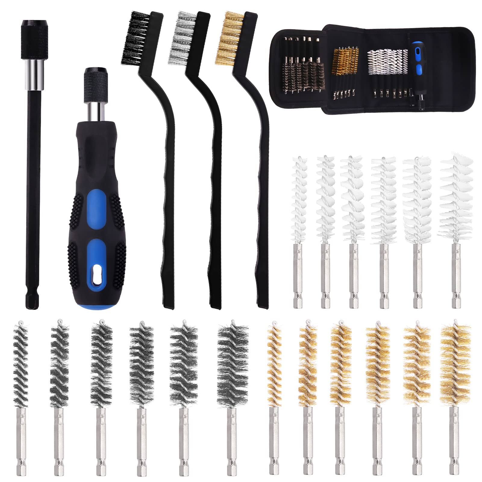 Swpeet 24pc 3 Materials 6 Sizes Bore Cleaning Kit, Stainless Steel, Brass, Nylon with Handle and Twisted Wire Cleaning Brush - 1/4 Inch Hex Shank