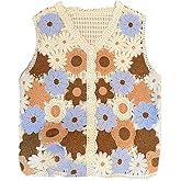 SOLY HUX Girl's Floral Crochet Sweater Vest V Neck Sleeveless Button Down Knit Cardigan
