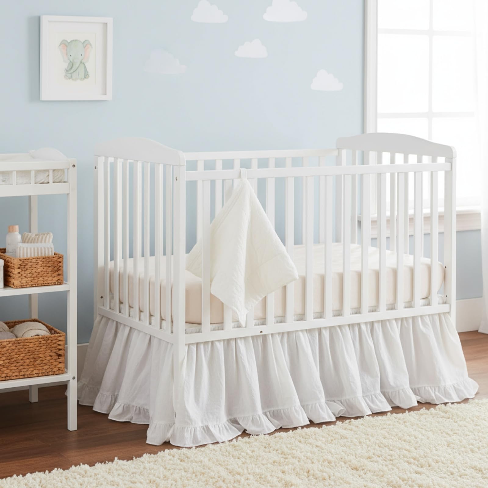 Photo 1 of Hahafelt Crib Skirt Dust Ruffle 28" x 52" with 16" Drop–100% Washed Cotton Baby Bed Crib Skirt for Boys & Girls' Cribs, Durable & Fade - Resistant Nursery Bedding, Fits Standard Cribs