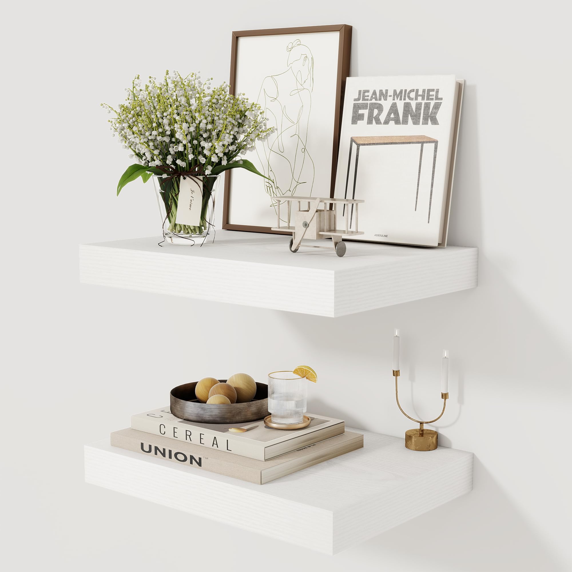 Photo 1 of (PARTIAL SET) 12 Inch Deep White Floating Shelves, 16 x 12 Floating Shelf for Books, Rustic Wood Deep Wall Shelves for Home Storage & Display, 2" Thicked Shelves for Kitchen, Living Room, Bedroom, 2 Pack