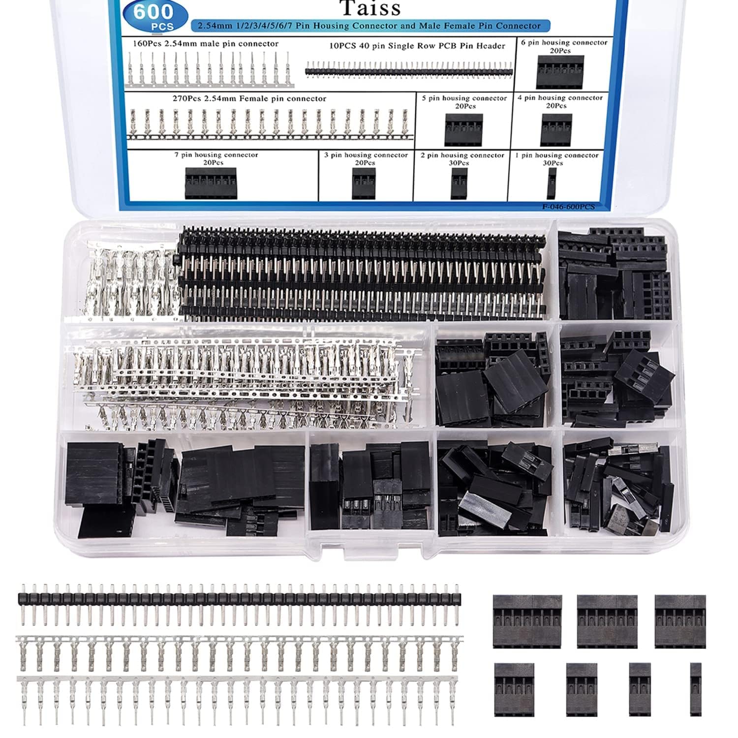 Taiss 600PCS JST connector kit 2.54mm 1/2/3/4/5/6/7 Pin Housing Connector and Male Female Crimp Pin,Dupont Crimp Pin Adaptor Assortment,Jumper Wire Cable Pin Header