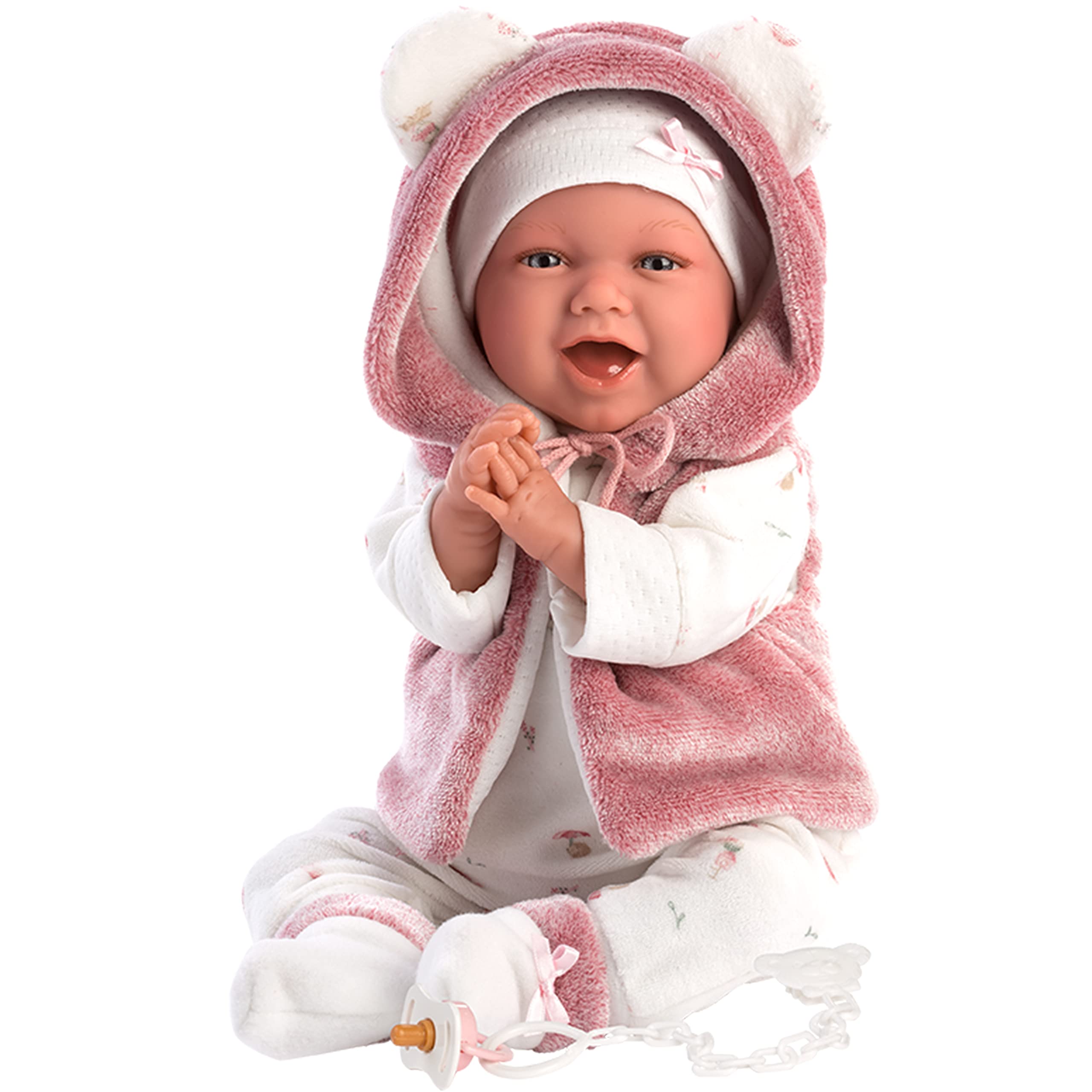The happy Mimi is a 42 cm tall baby doll with blue eyes and a soft body. Head, arms and legs are made of vinyl
