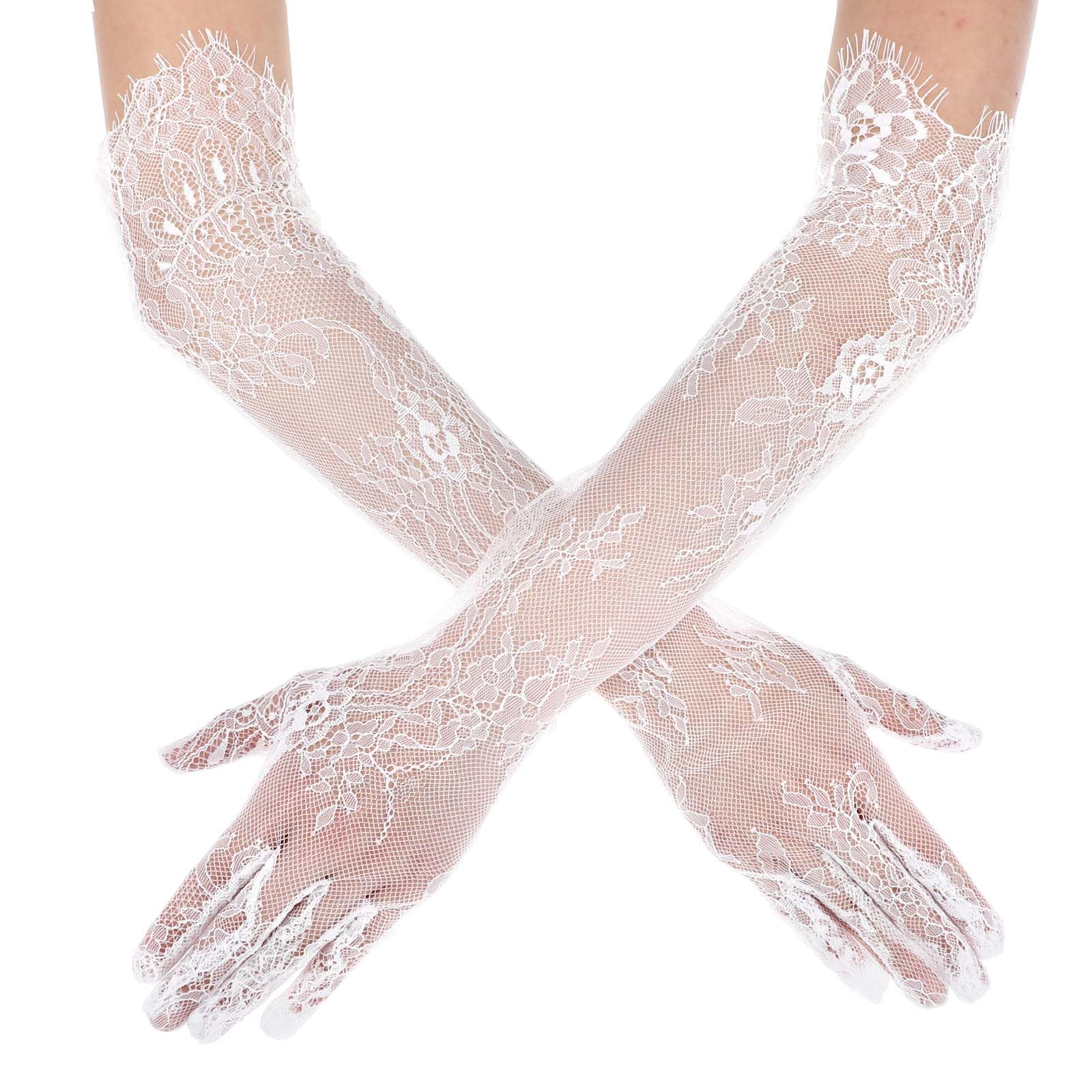 Photo 1 of HaiFafafaing Lace Gloves Women White Long Elbow Length Mesh Sheer Opera Gloves Tea Party Wedding Bridal Party Cosplay White