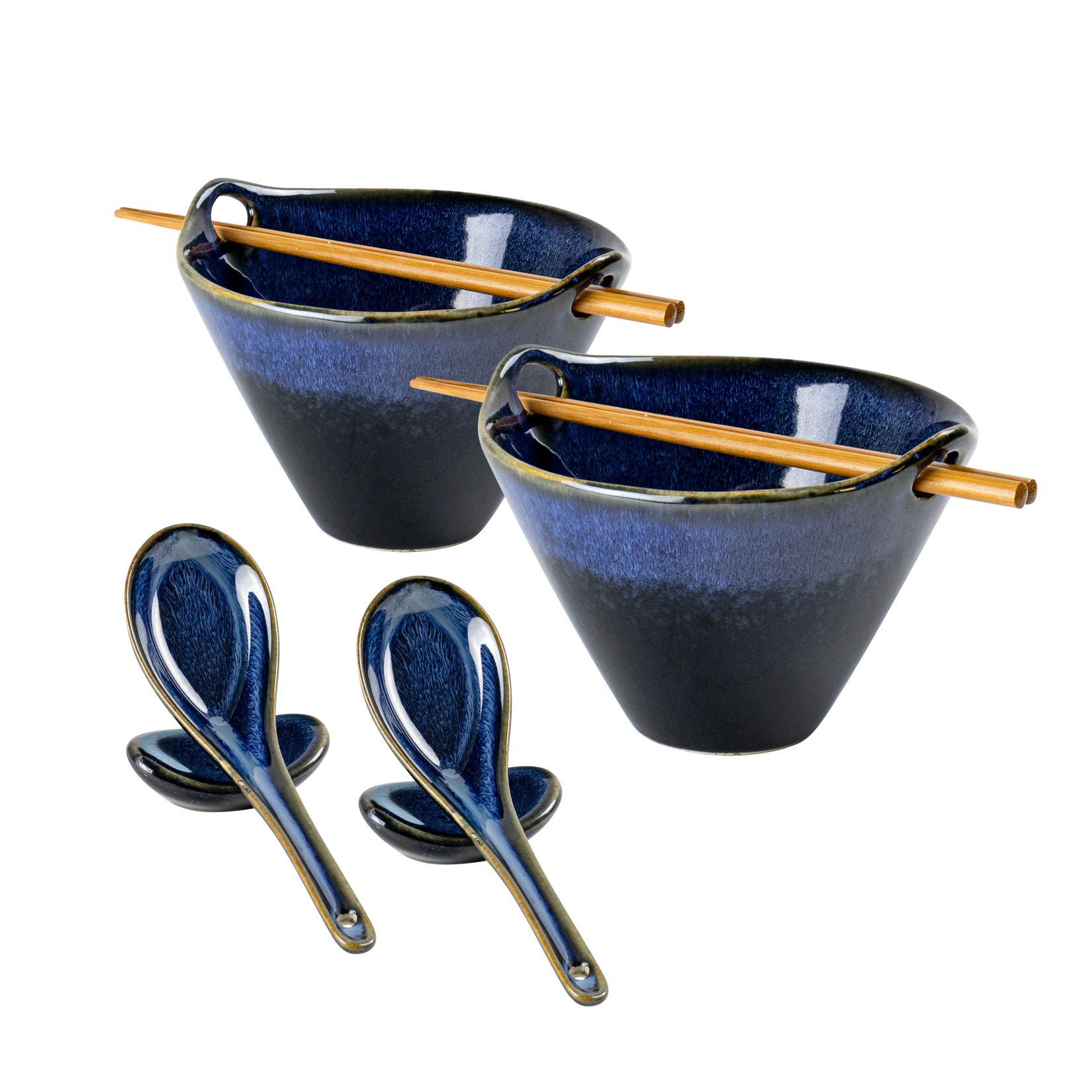 UNICASA Ramen Bowls Porcelain, Soup Bowls Set of 2 x 600 mL with Spoons Forks and Chopsticks, Tableware Sets Noodle Bowl for Cereal, Salad, Soup - Blue
