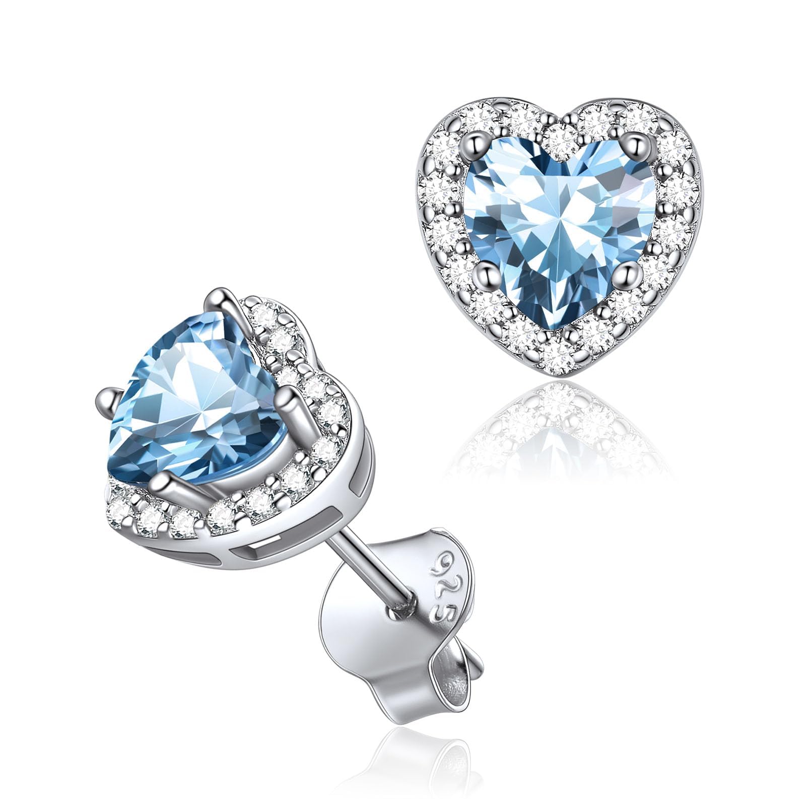 ChicSilver Earrings Women 925 Sterling Silver March Birthstone Earring Studs Sparkly Aquamarine Heart Stud Earrings Everyday Wearing