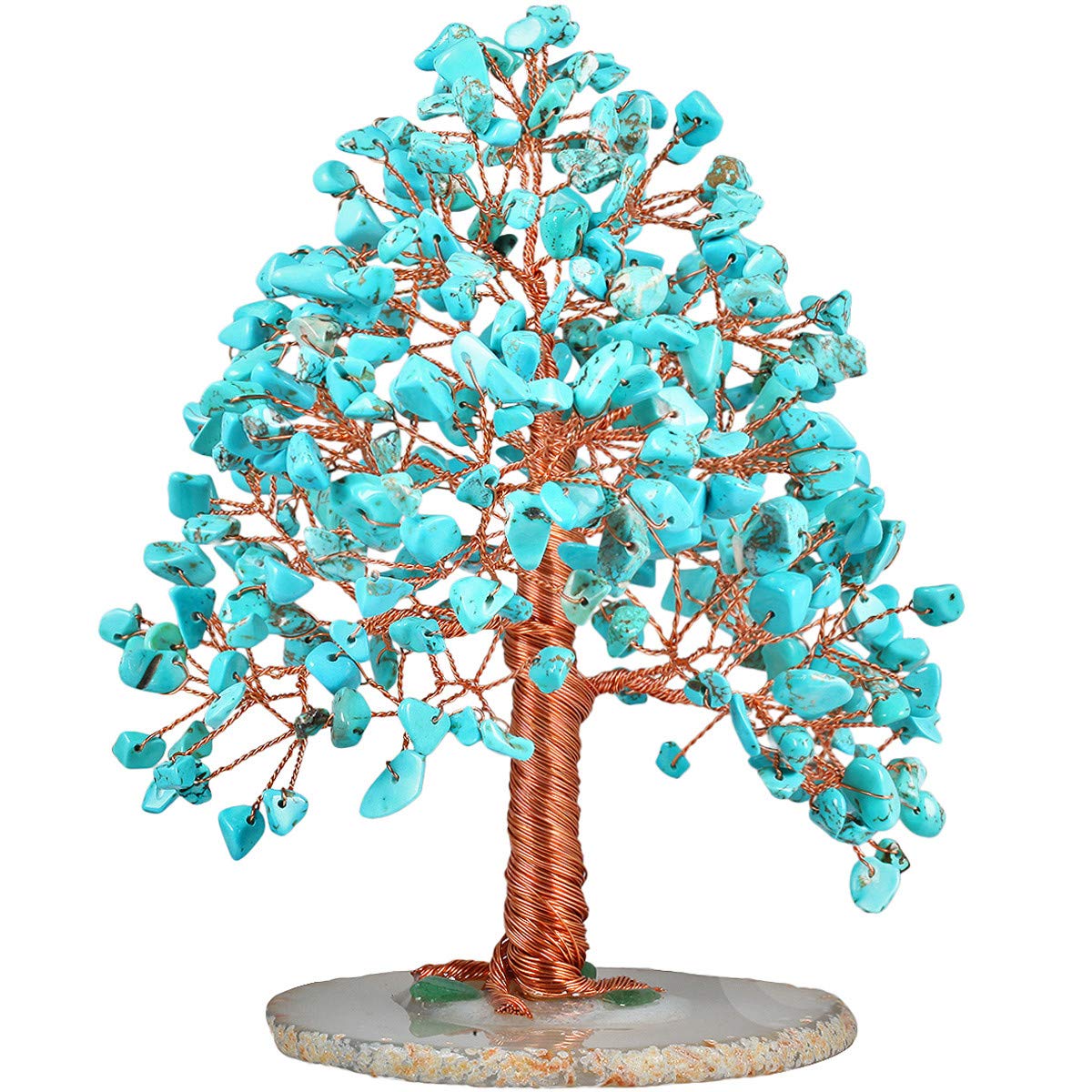 Nupuyai Blue Howlite Turquoise Healing Crystal Money Tree for Home, Good Luck Office Decor Chip Stones Tree Fengshui Ornament Agate Slice Base with Gift Box