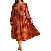 RWJ Women's Plus Size Fall Wedding Guest Dress Wrap V Neck Swiss Dot Lantern Long Sleeve Swing Boho Casual Dresses