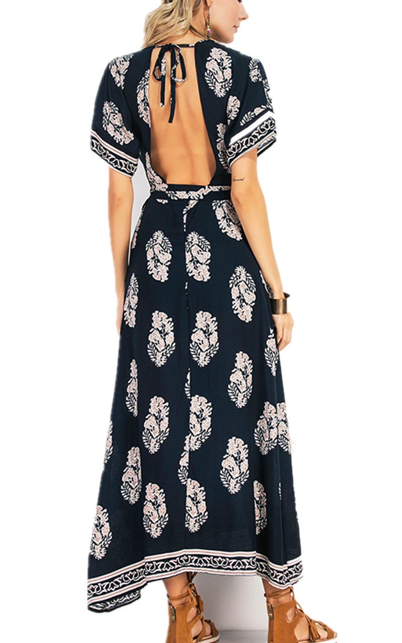 CHIC DIARY Robe Longue d\'Été Col V Profond Dos Nu Fourche d\'Avant pour Femme Fille(L)