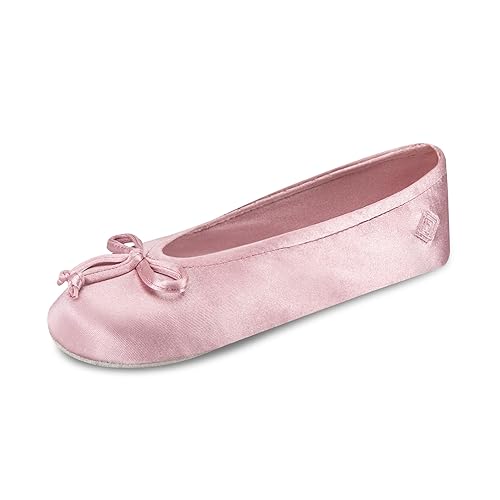 isotoner Women's Classic Stretch Satin Ballerina Slippers with Bow Tie and Leather Sole, Dark Orchid, LG