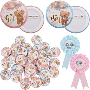 42 Pcs Gender Reveal Pins Kit, Team Boy Team Girl Button Badges with Mommy & Daddy To Be Ribbon Corsage, Baby Shower & Gender