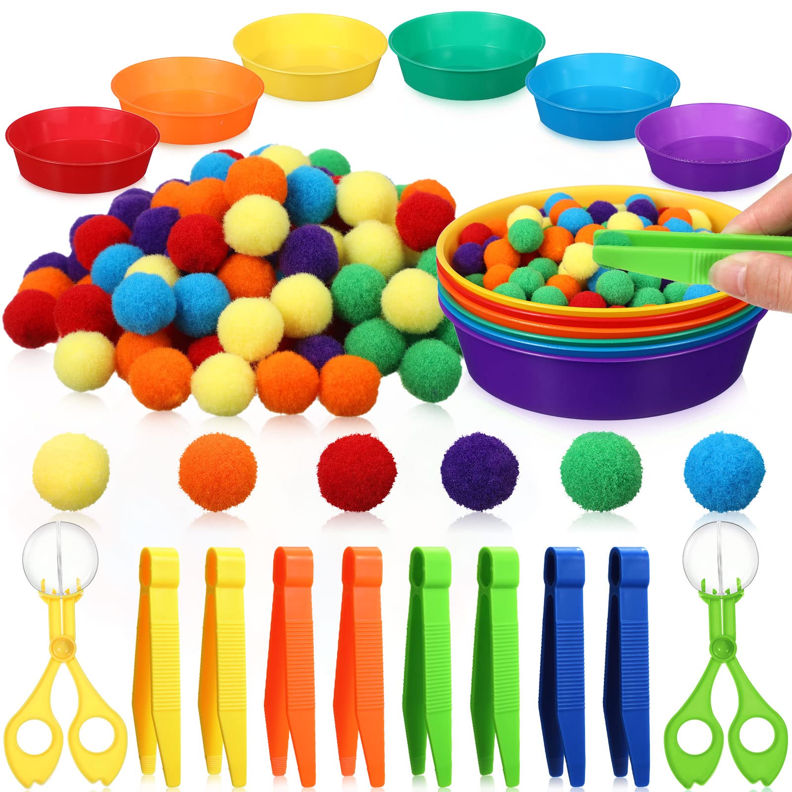 Photo 1 of Zhanmai 142 Pcs Fine Motor Skills Toys Handy Scooper Set Sensory Bin Filler 12 Sorting Bowls 8 Tweezers 2 Scissors Clips 120 Plush Balls for Early Education and Sorting Counting Training Development
