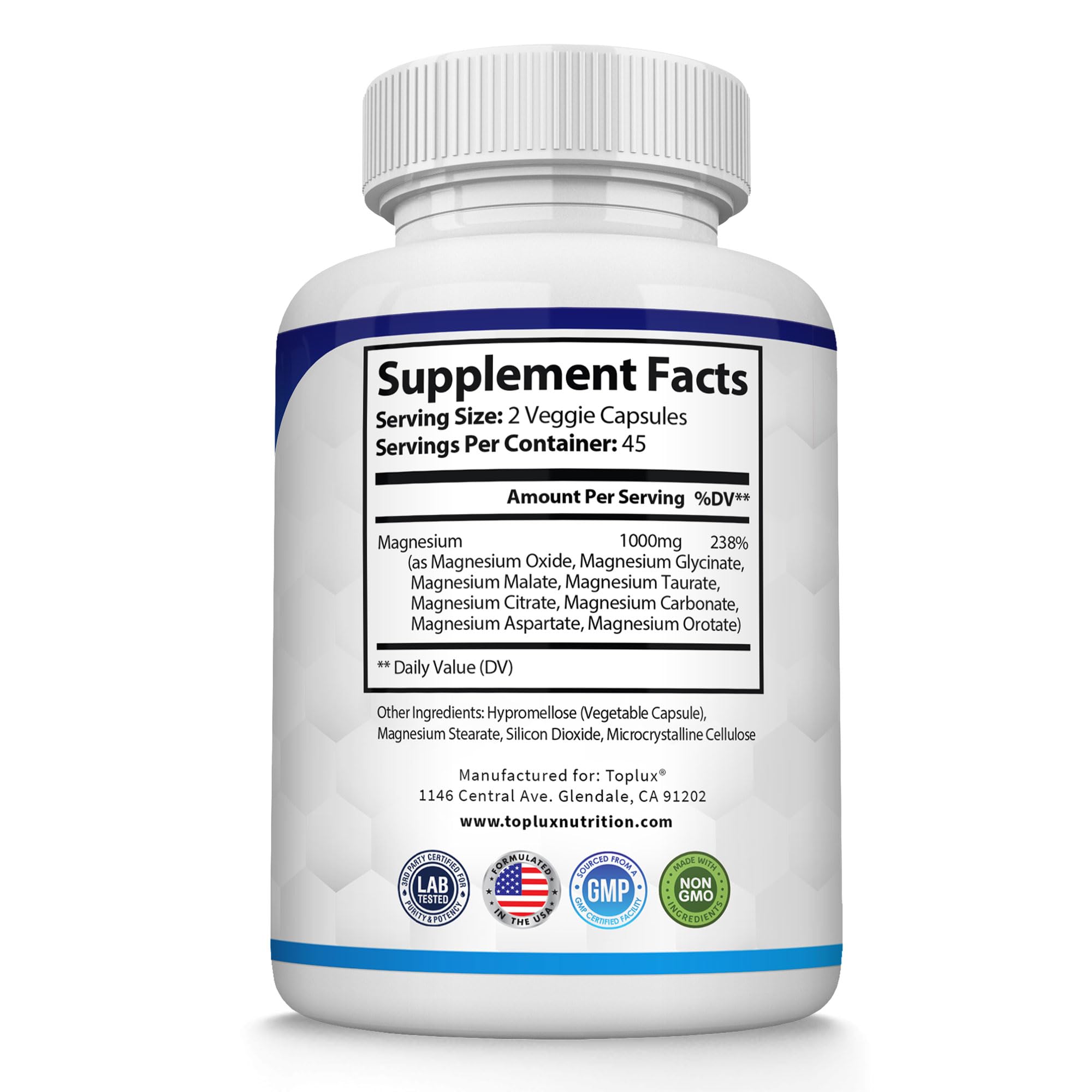 Magnesium Complex Supplement 8 Elemental 1000mg - Magnesium Glycinate, Citrate, Malate, Taurate, Chelated for Easy Absorption for Bones, Muscle, Recovery, Energy, Vegan Non-GMO 90 Capsules