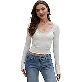 Homepeaz Long Sleeve Shirts for Women Y2K Bell Sleeve Going Out Tops Micro Ribbed Square Neck Cropped Tops Lace