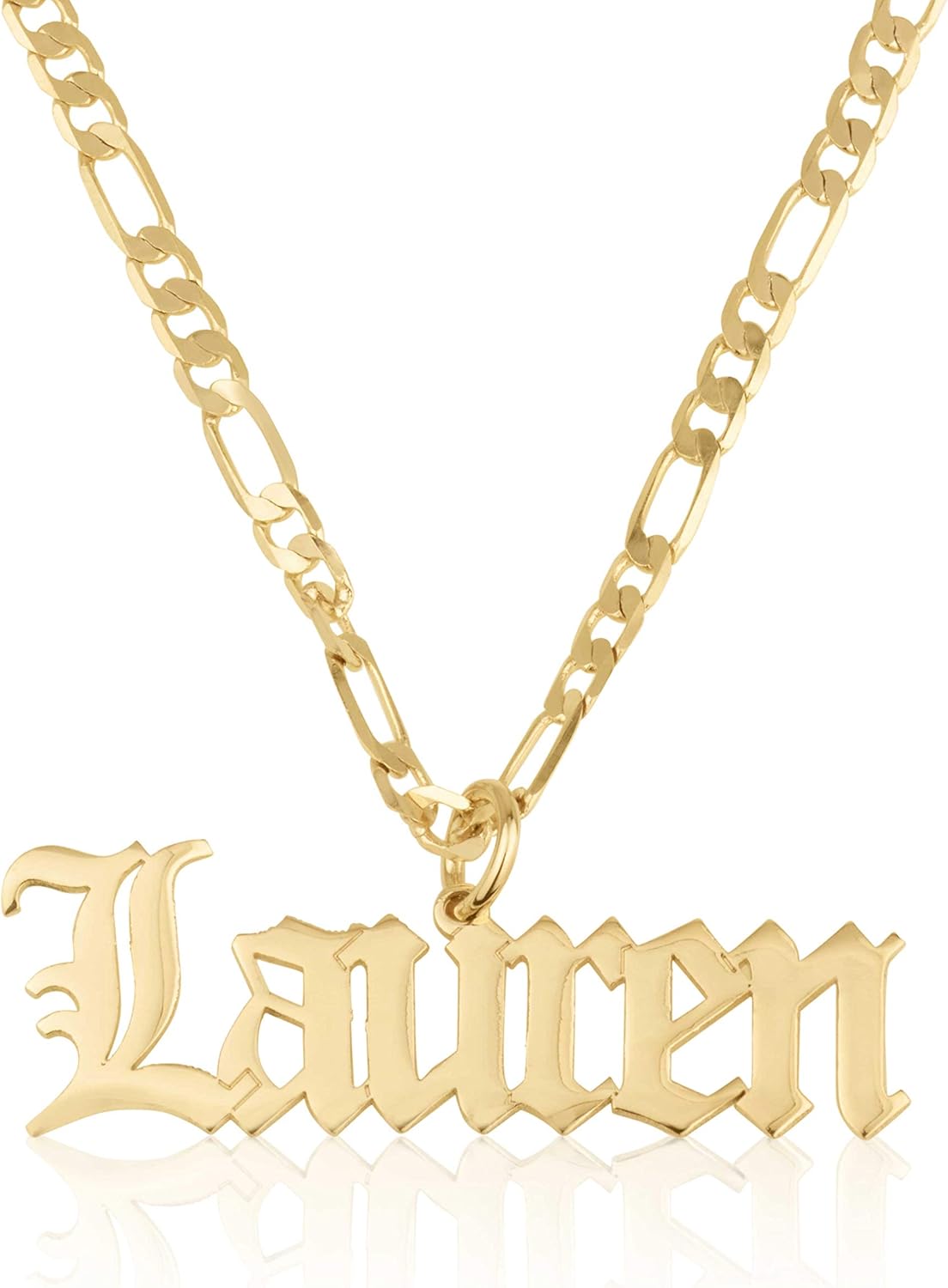 Beleco Jewelry Personalized Name Necklace With Figaro Chain in Sterling Silver 925 or Gold/Rose Plated 18k - Custom Name Jewelry - 15 Font Style - Old English Name Gothic Font: Clothing