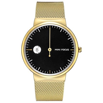 Mini Focus Japanese Quartz Stainless Steel Mesh Single Needle Waterproof Analogue Black Dial Mens Wrist Watch