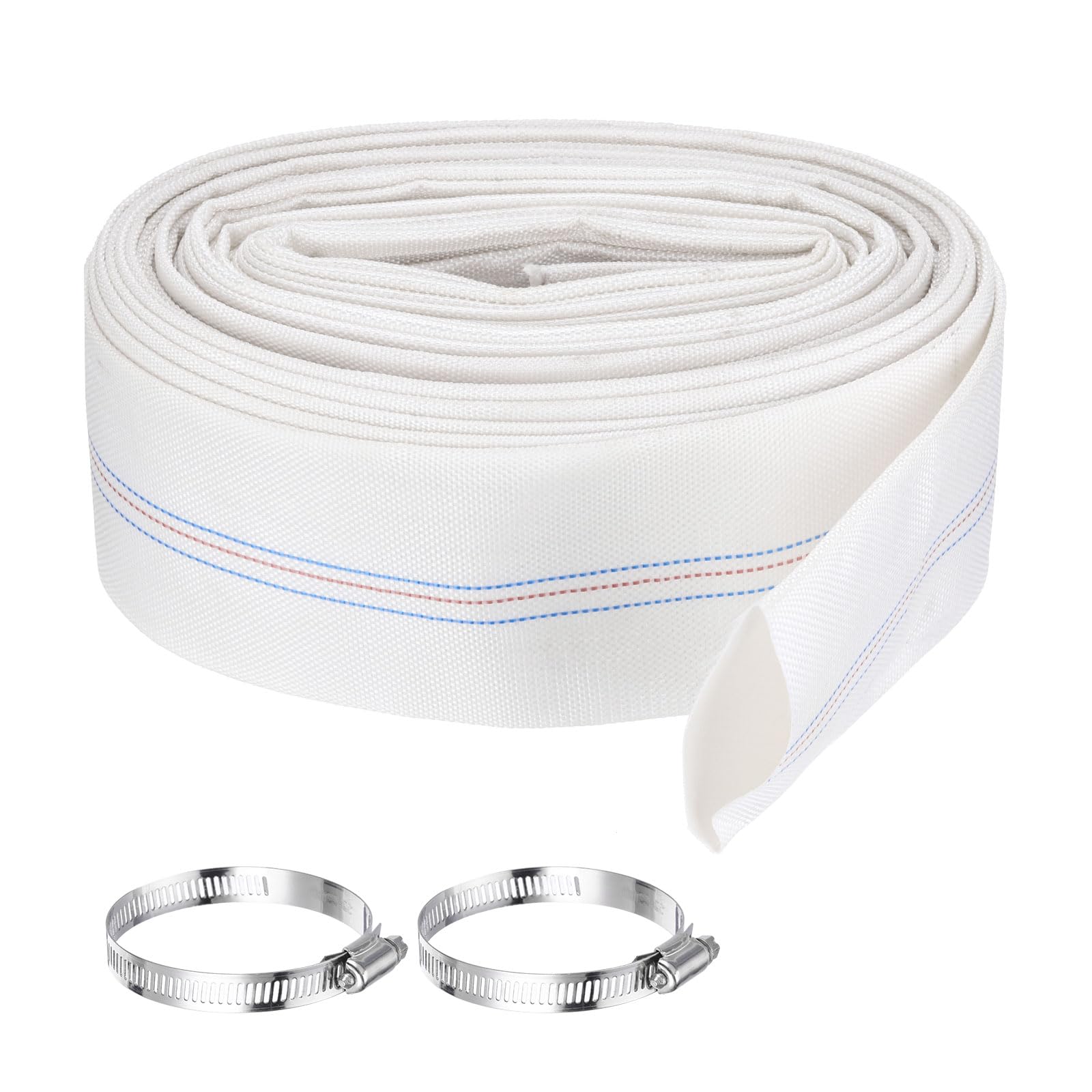 Rebower Pool Backwash Hose, 2.5 Inch x 62ft Reinforced Drain Hose PVC Lay Flat Water Discharge Pump Hoses for Pool Filter Swimming Pump, with 2pcs Clamps, White