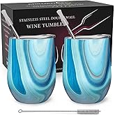 CHILLOUT LIFE 12 oz Stainless Steel Wine Tumblers 2 Pack - Double Wall Vacuum Insulated Wine Glasses Cups with Lids and Straws Set Keeping Cold & Hot for Coffee, Beer, Ice Cream - Ocean Marble Pattern