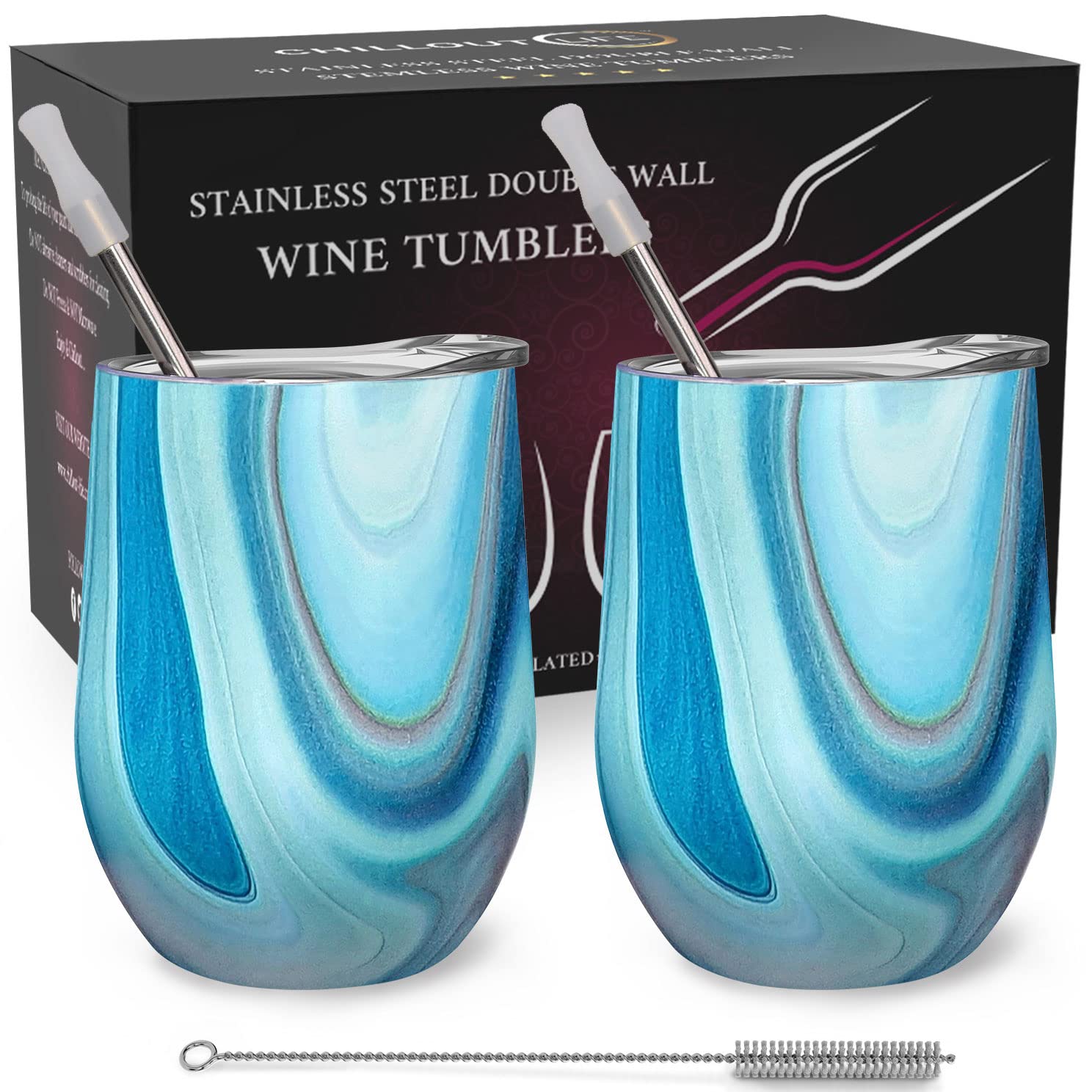 CHILLOUT LIFE Stainless Steel Wine Tumblers 2 Pack 12 oz - Double Wall Vacuum Insulated Wine Cups with Lids and Straws Set for Coffee, Wine, Cocktails (Ocean Marble)