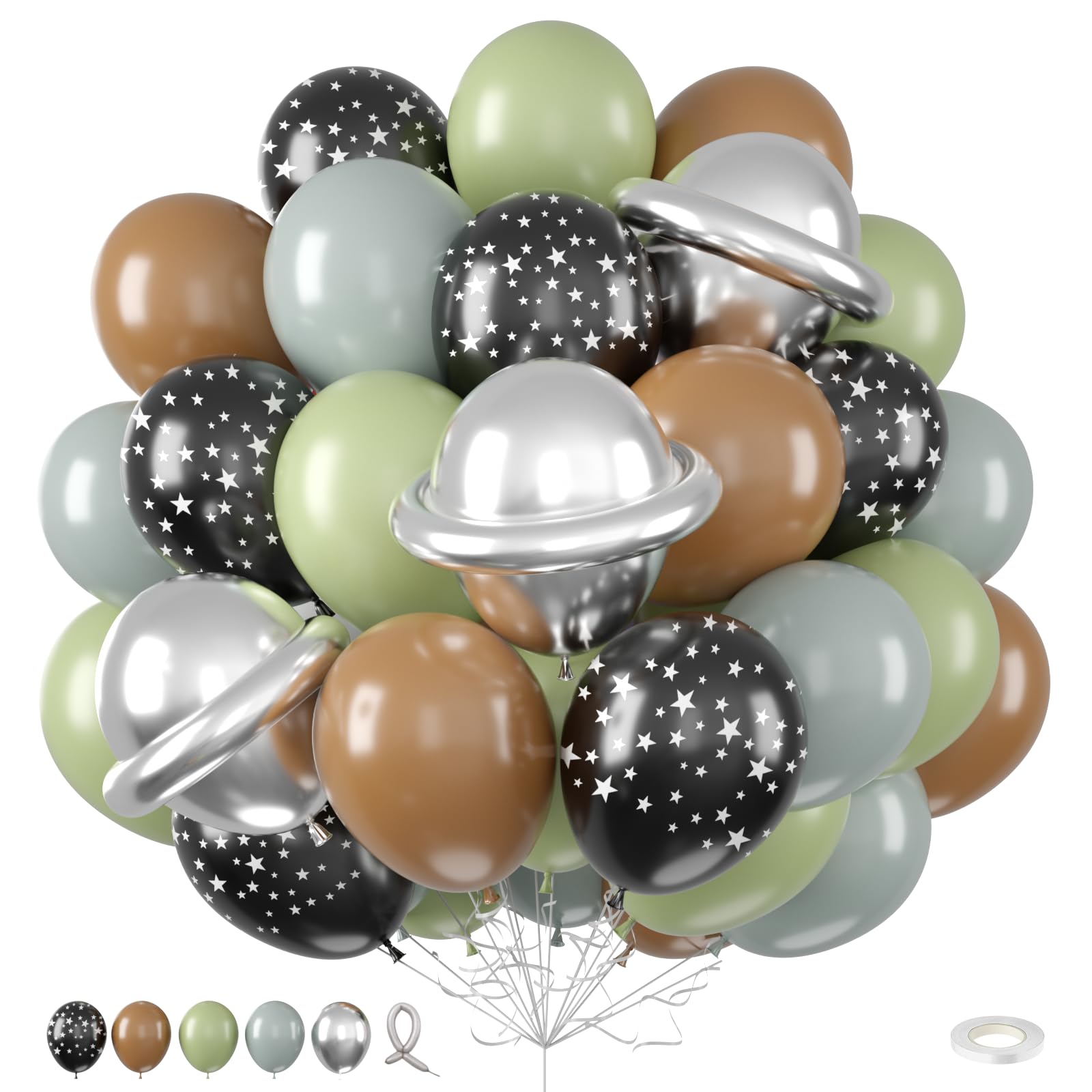 Grey Sage Green Brown Balloons, 12 Inch Olive Green Black Grey Balloons, Black Star Print Balloon Metallic Silver Long Latex Balloon for Boys Baby Shower Galaxy Planet Star Theme Birthday Party Decor