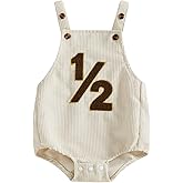 Honganda Baby Boy 1/2 Birthday Outfit Sleeveless Corduroy Overalls Half Way to One Cake Smash Romper for Half Birthday Party