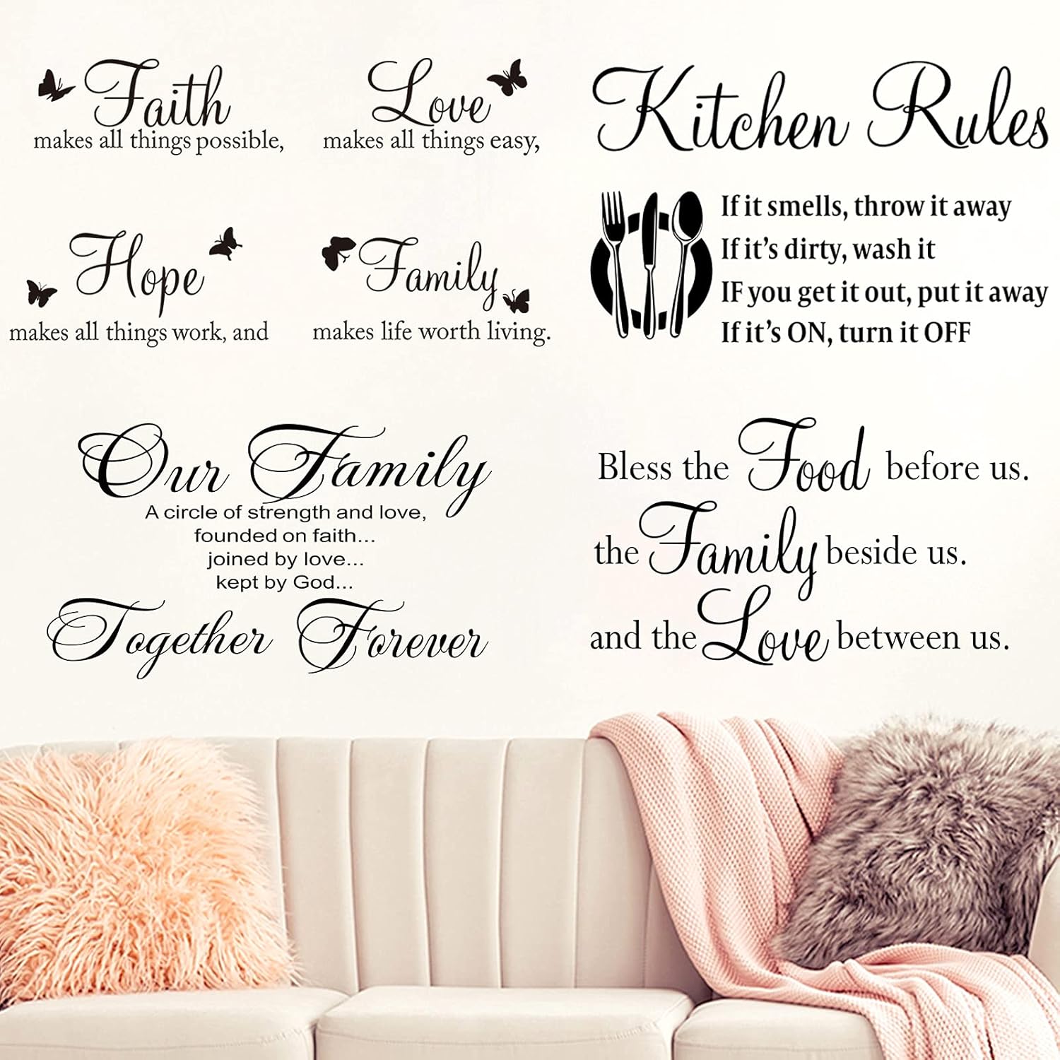 4 Pieces Vinyl Wall Quotes Stickers Family Wall Decal Set Faith Hope Love Scripture Stickers Kitchen Rules Wall Stickers Bless The Food Wall Decor for Kitchen Dining Room Bedroom Living Room