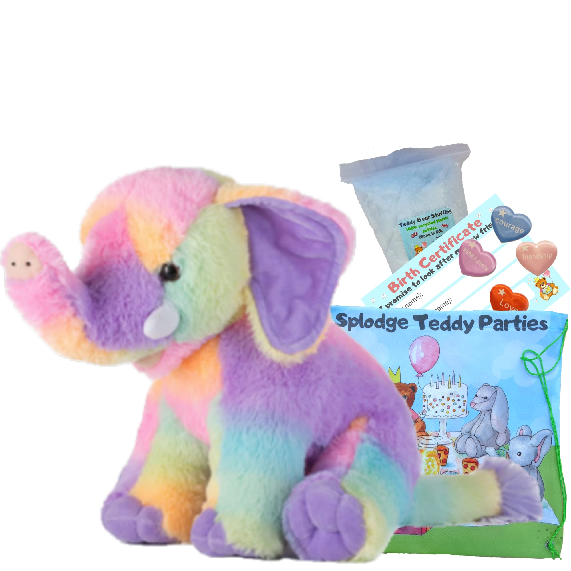 Rainbow Elephant Plush Soft Toy - Build Your own Teddy Bear Making Kit - no sew - 16"/40cm
