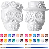 Silipull Day of The Dead DIY Sugar Skull Couple Dia De Los Muertos Decor | Halloween Skull Decor, 2 Blank White Paint Your Own Skulls with Paints and Brushes, Ofrenda Altar Tabletop Decor Crafts Kit