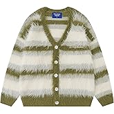 Aelfric Eden Color Blocking Striped Fuzzy Cardigan Crewneck Vintage Oversized Button Down Knit Cardigans Sweater Tops